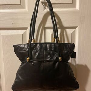 Lou Taylor vintage black leather Medium shoulder bag with gold tone accents